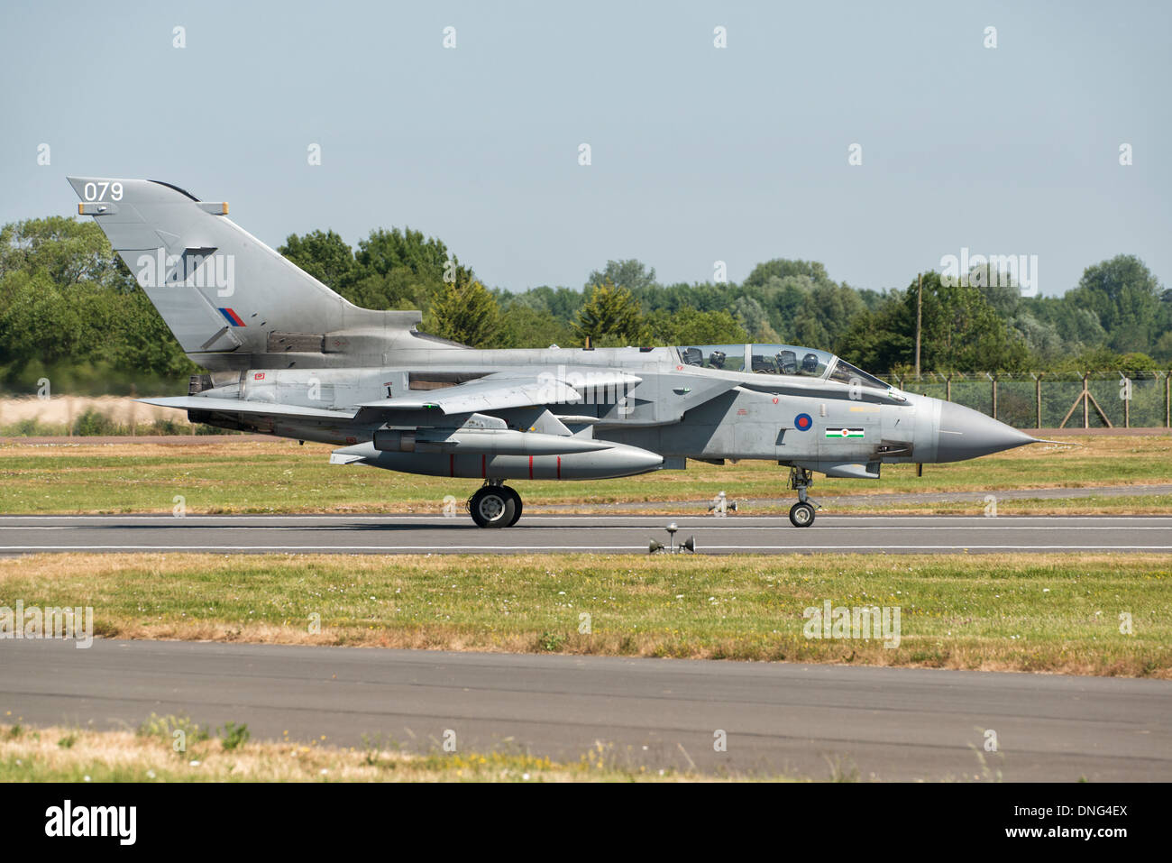 British Royal Air Force Panavia Tornado GR4 swing wing multi role fighter bomber arrives at Fairford for the RIAT Stock Photo