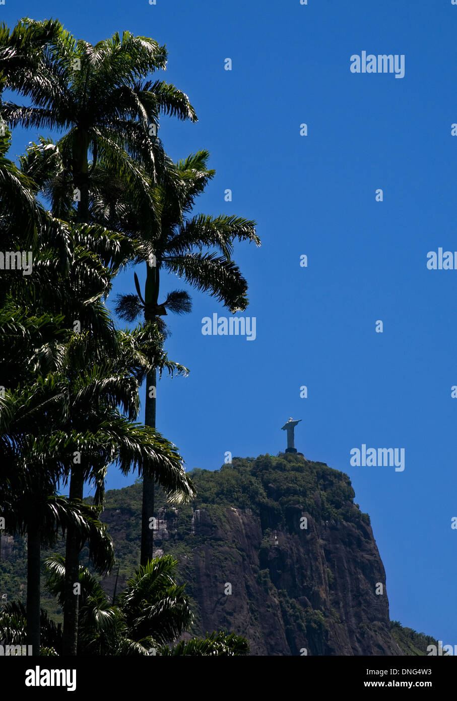 View of palm trees and Christ the Redeemer in Rio de Janeiro. Brazil. Stock Photo