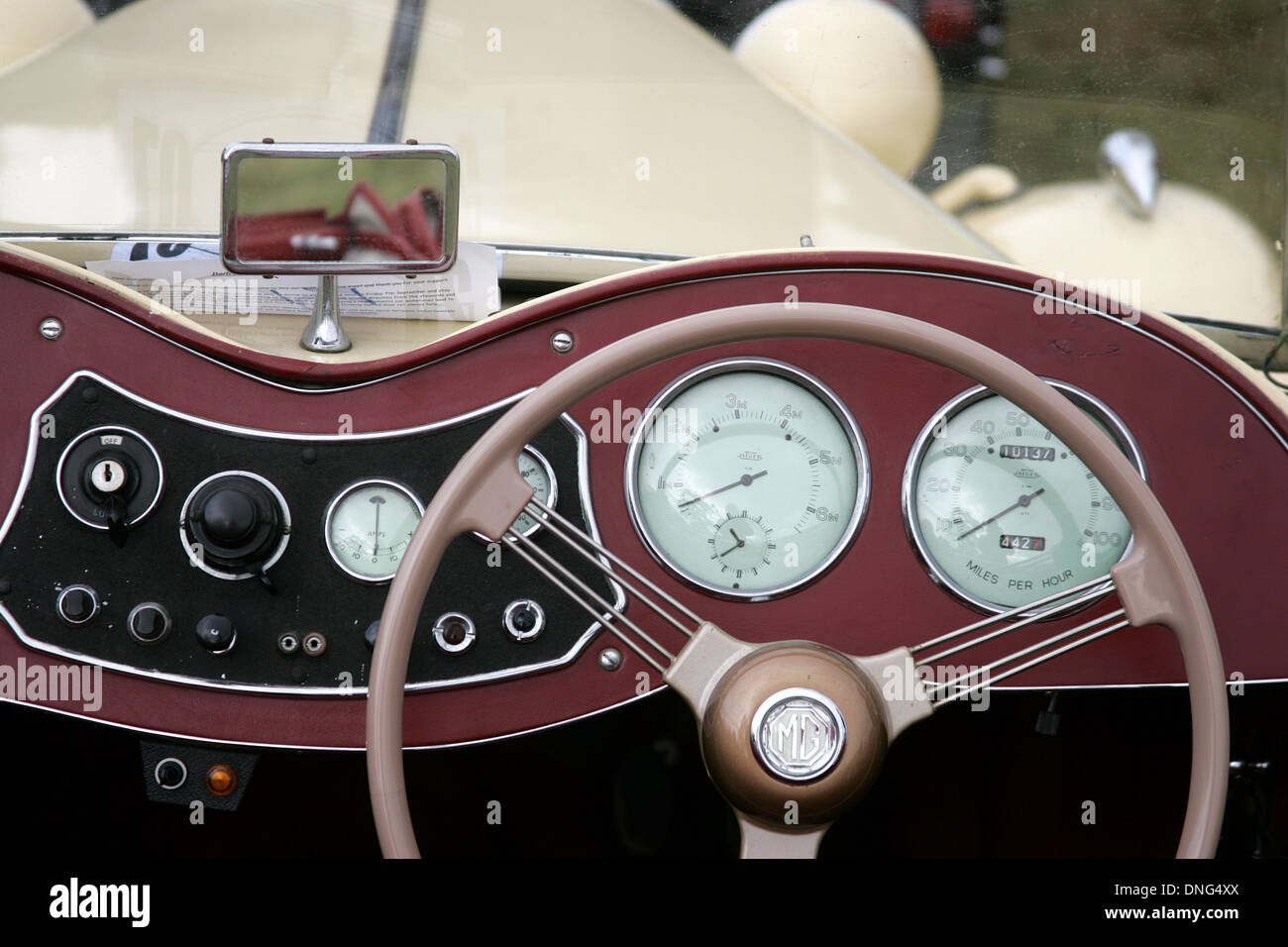 vintage car dashboard and steering wheel Stock Photo