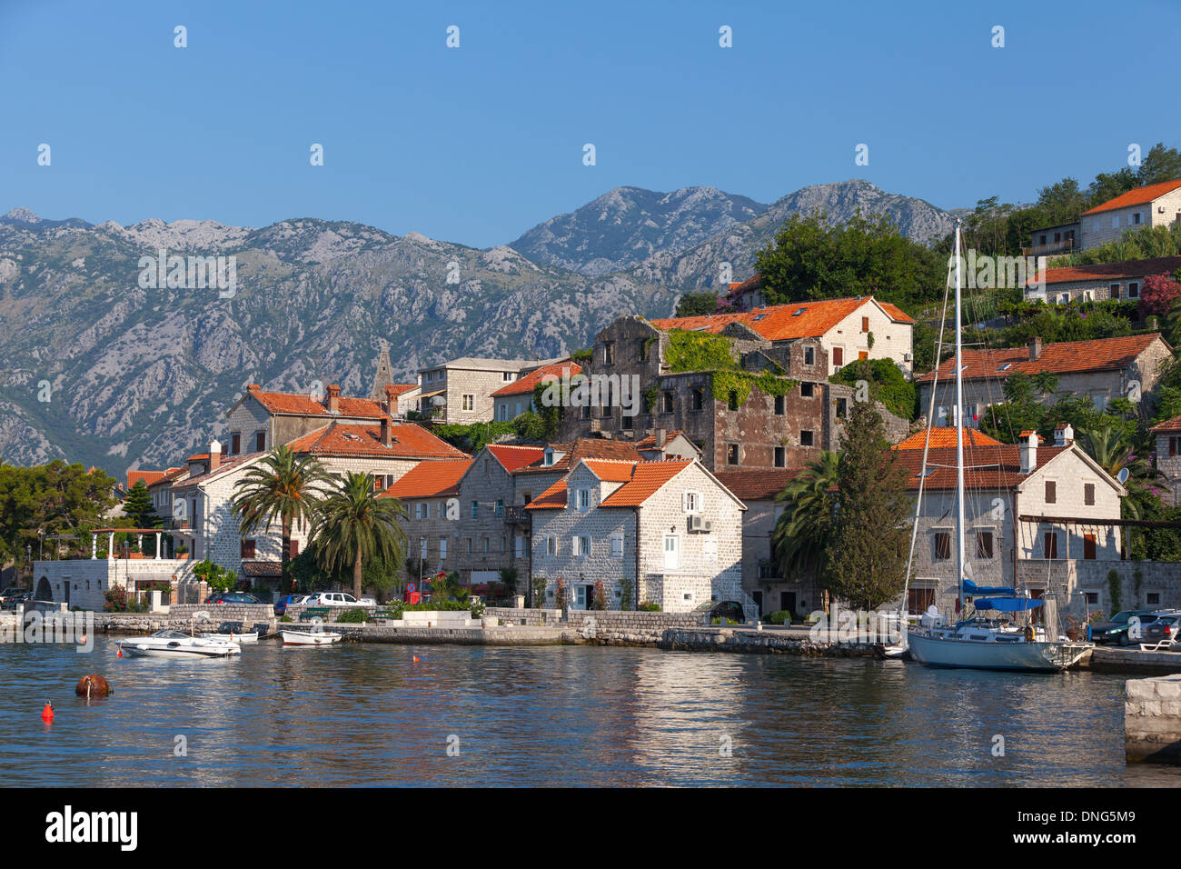 Embankment in old Perast, Bay of Kotor, Montenegro Stock Photo