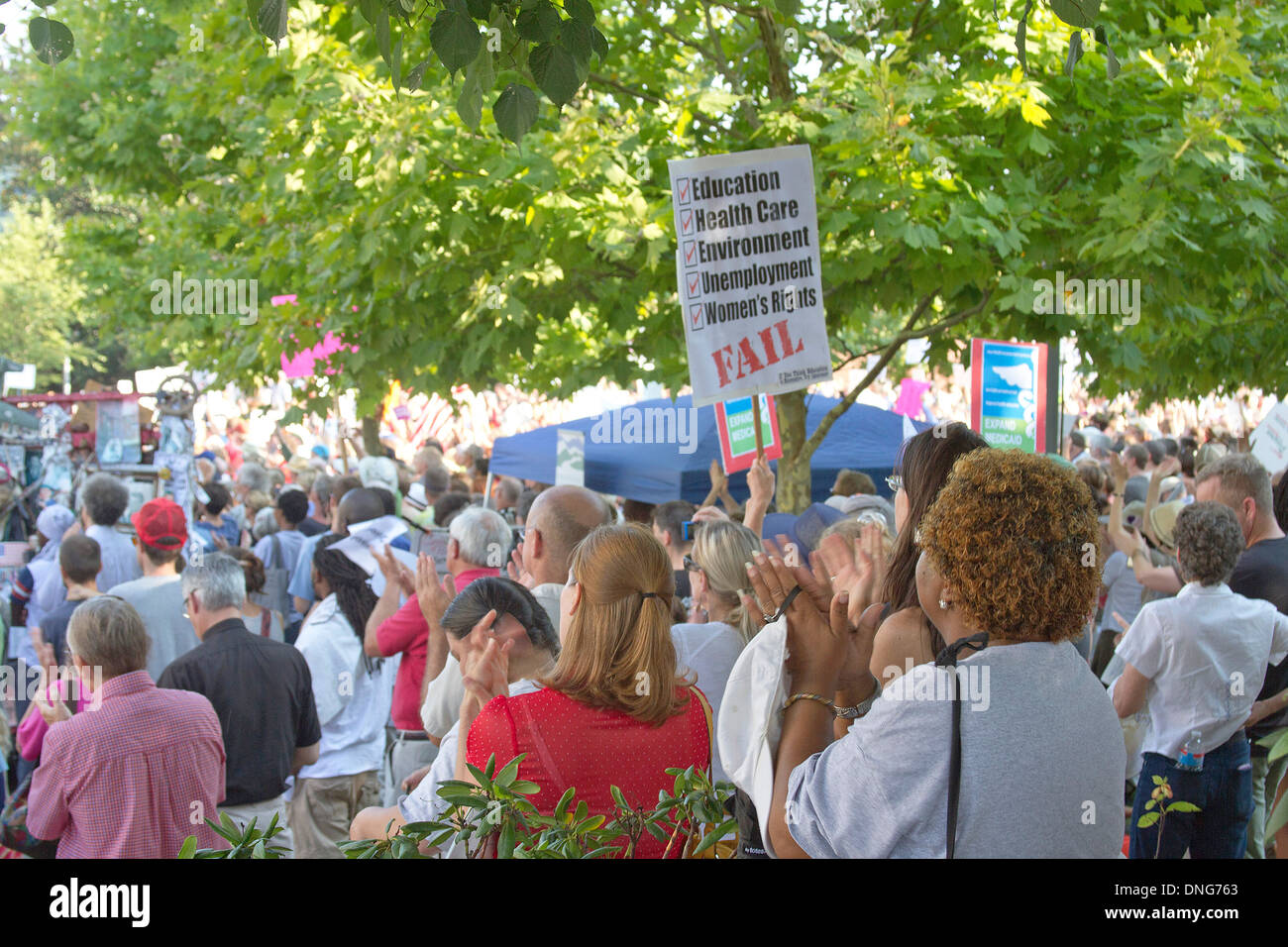 Large crowd attends a political Moral Monday Political Protest Rally in downtown Asheville, NC Stock Photo