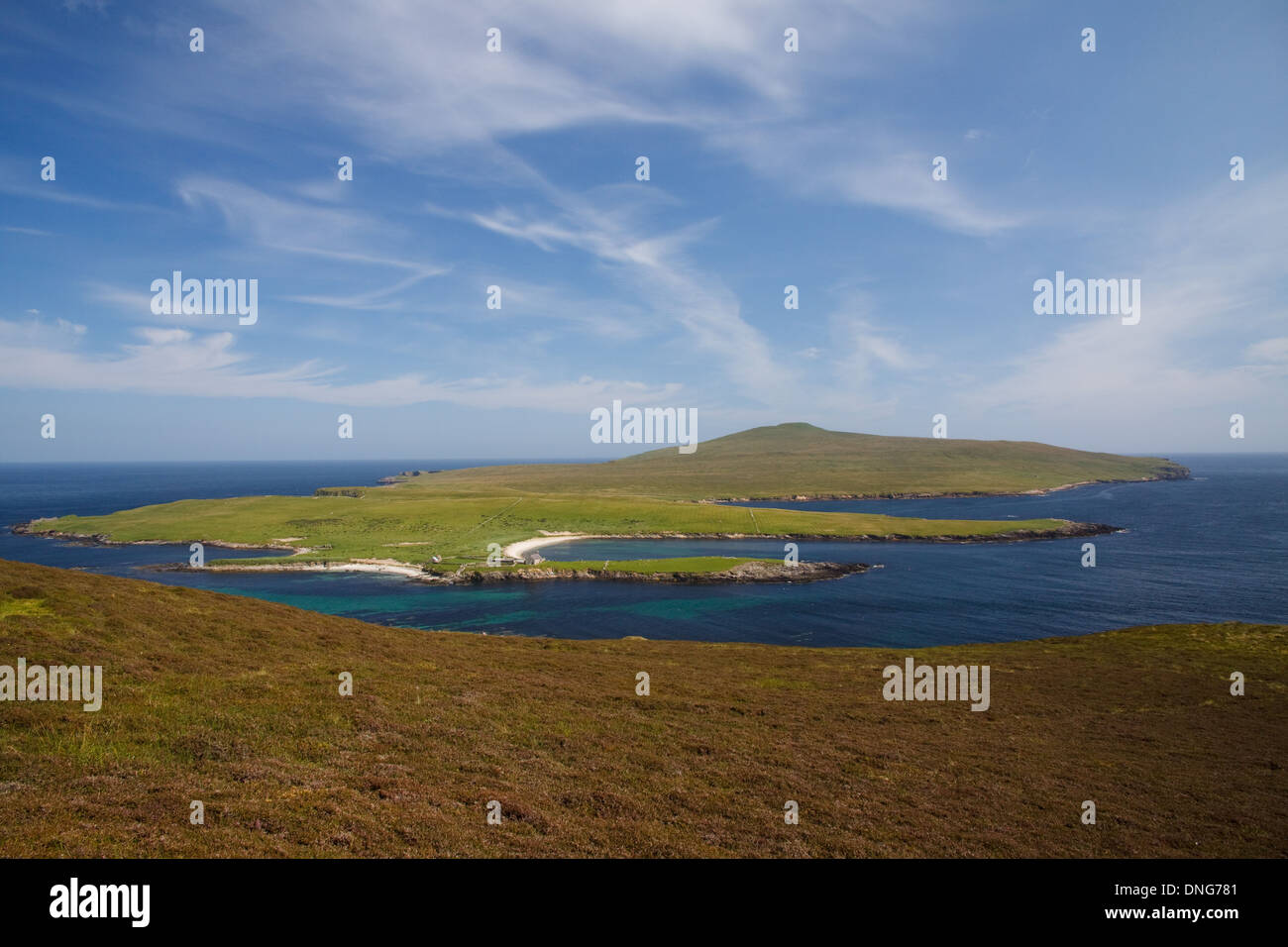 Looking across to the island of Noss National Nature Reserve from Ander Hill on Bressay, Shetland Islands Stock Photo