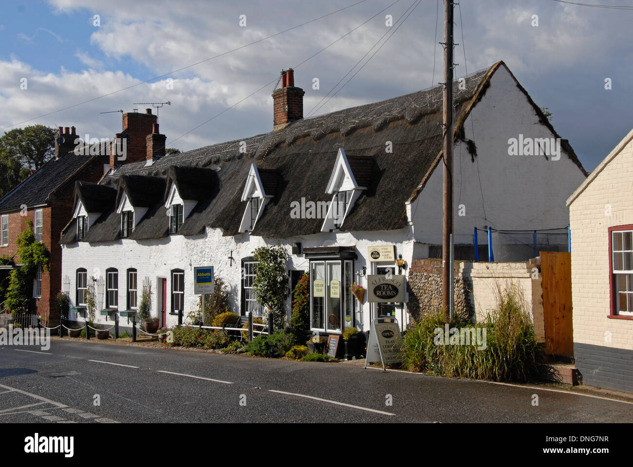 Row of white thatched cottages, Ludham, Norfolk, England Stock Photo