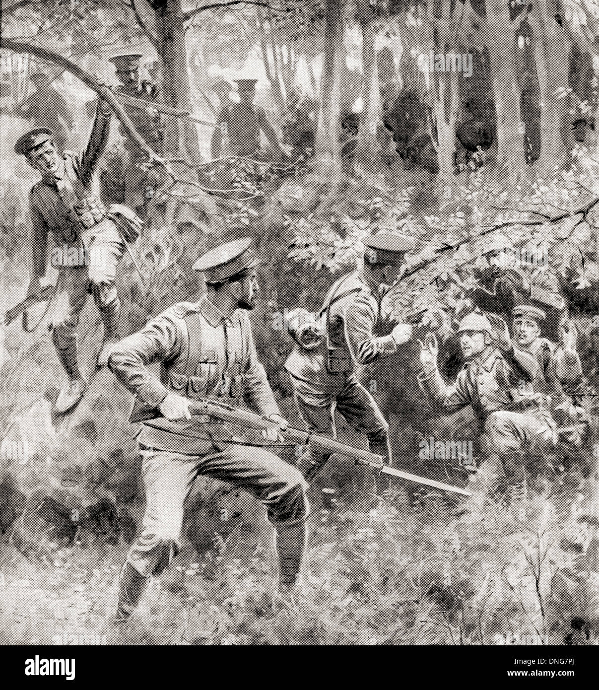 Hungry German soldiers surrender to an inferior British force during WWI. From The War Illustrated Album Deluxe, published 1915. Stock Photo