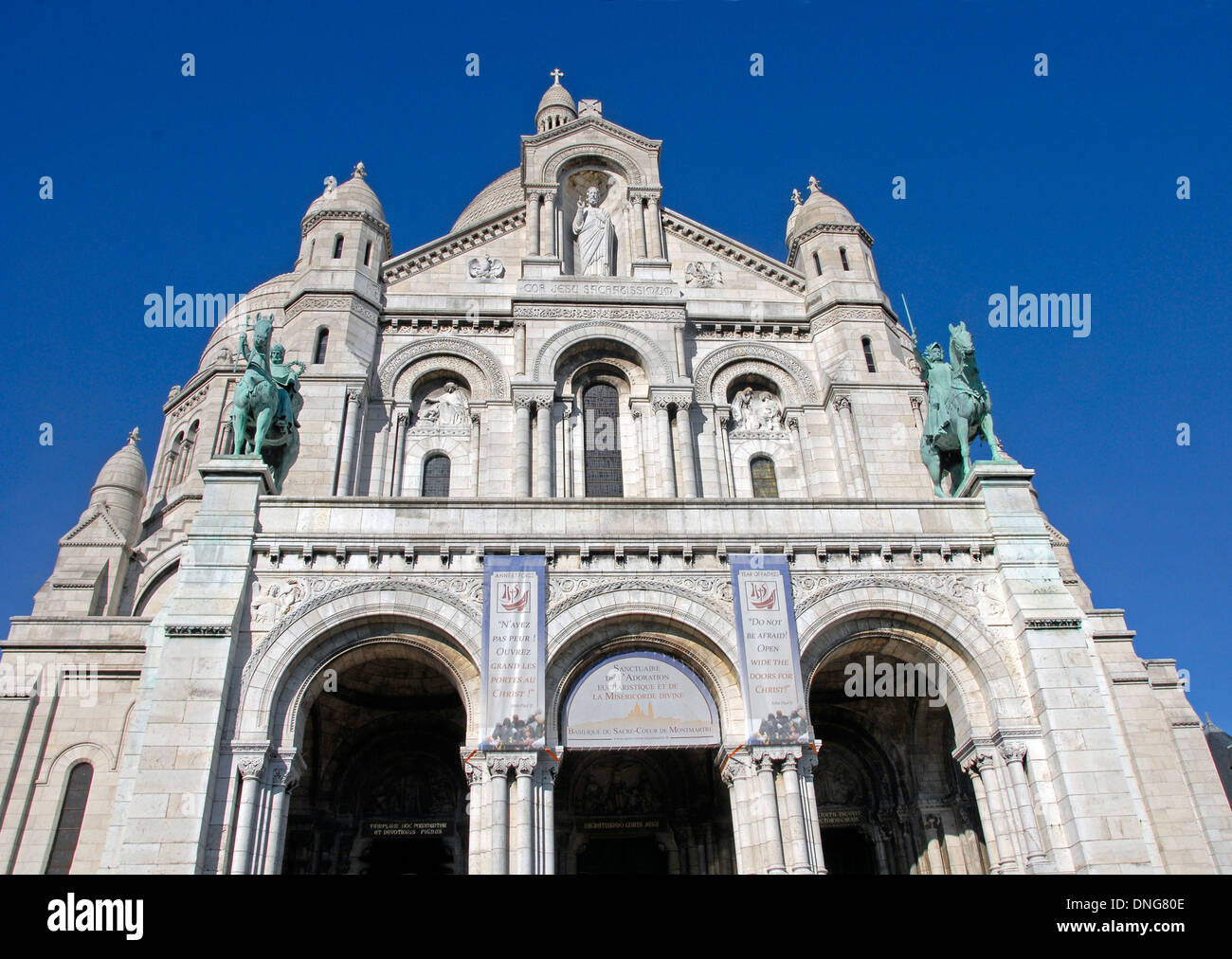 Facade of the Sacre Coeur basilica, Paris, France, against cloudless blue sky Stock Photo