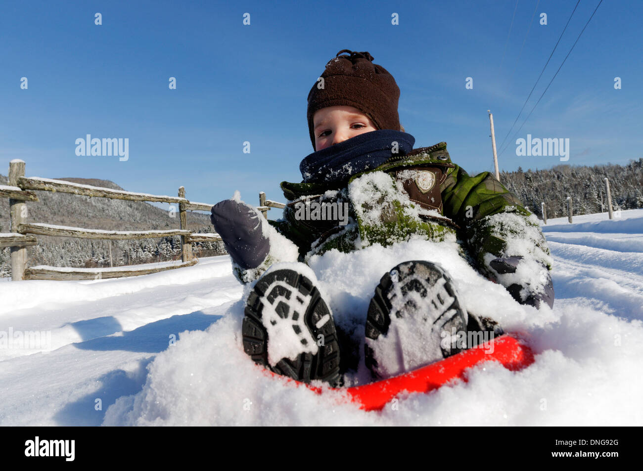 A 20 month old baby boy on a sledge Stock Photo - Alamy