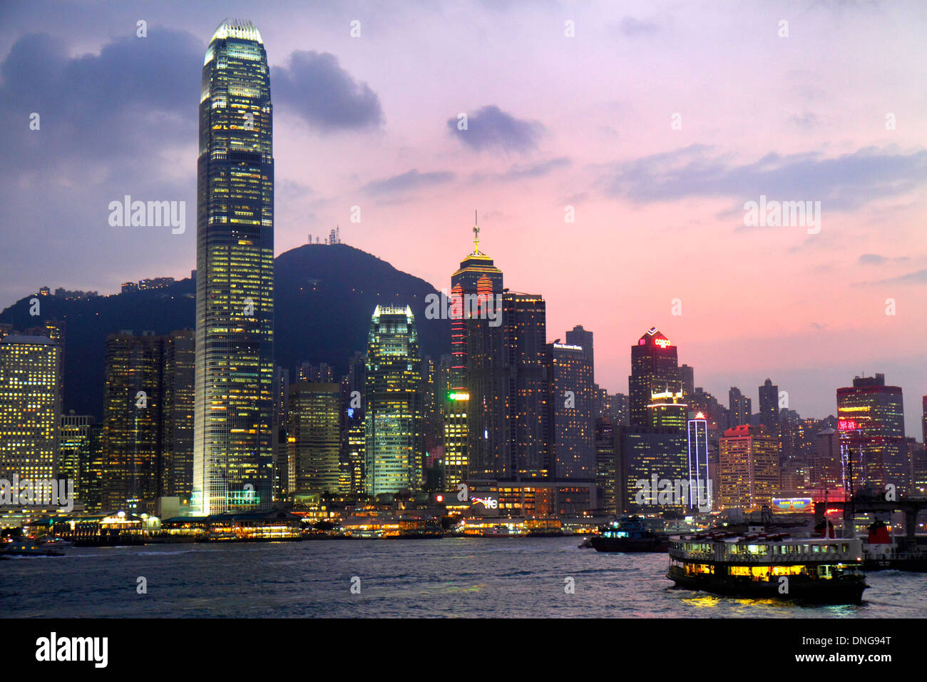 Hong Kong China,HK,Asia,Chinese,Oriental,Kowloon,Tsim Sha Tsui,Kowloon Public Pier,view,Victoria Harbour,harbor,Island,city skyline,high rise,skyscrap Stock Photo