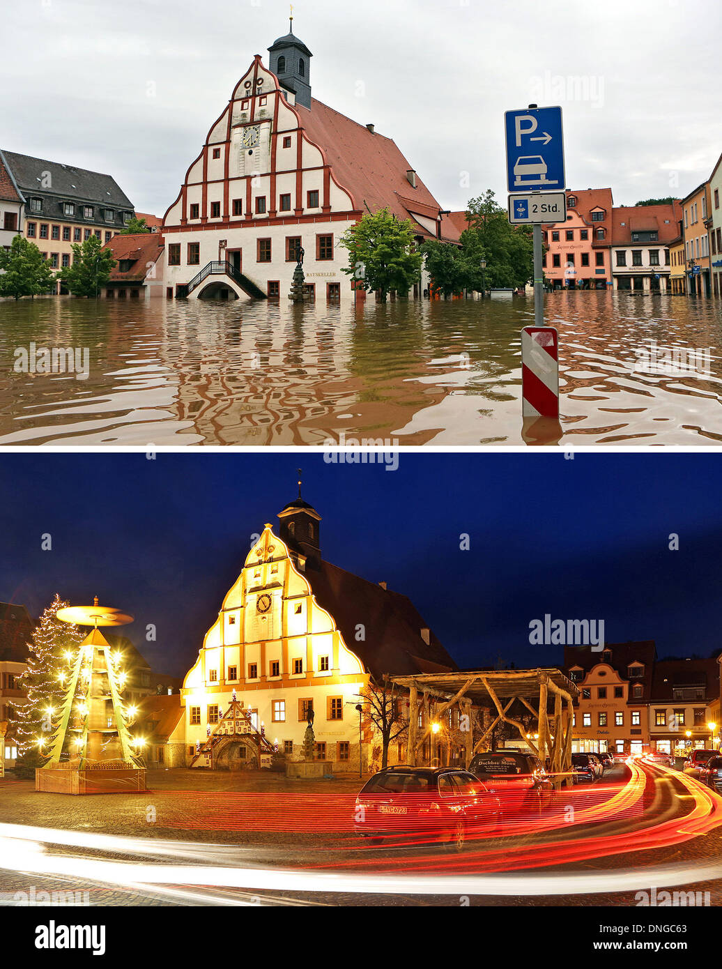 COMBO - A composite photo shows Market Square outside of Town Hall during the flooding on 03 June 2013 (T) and at Christmas on 19 December 2013 in Grimma, Germany. The flooding of the Mulde River has caused serious damage to the city twice in the span of ten years. Photo: Jan Woitas/dpa Stock Photo