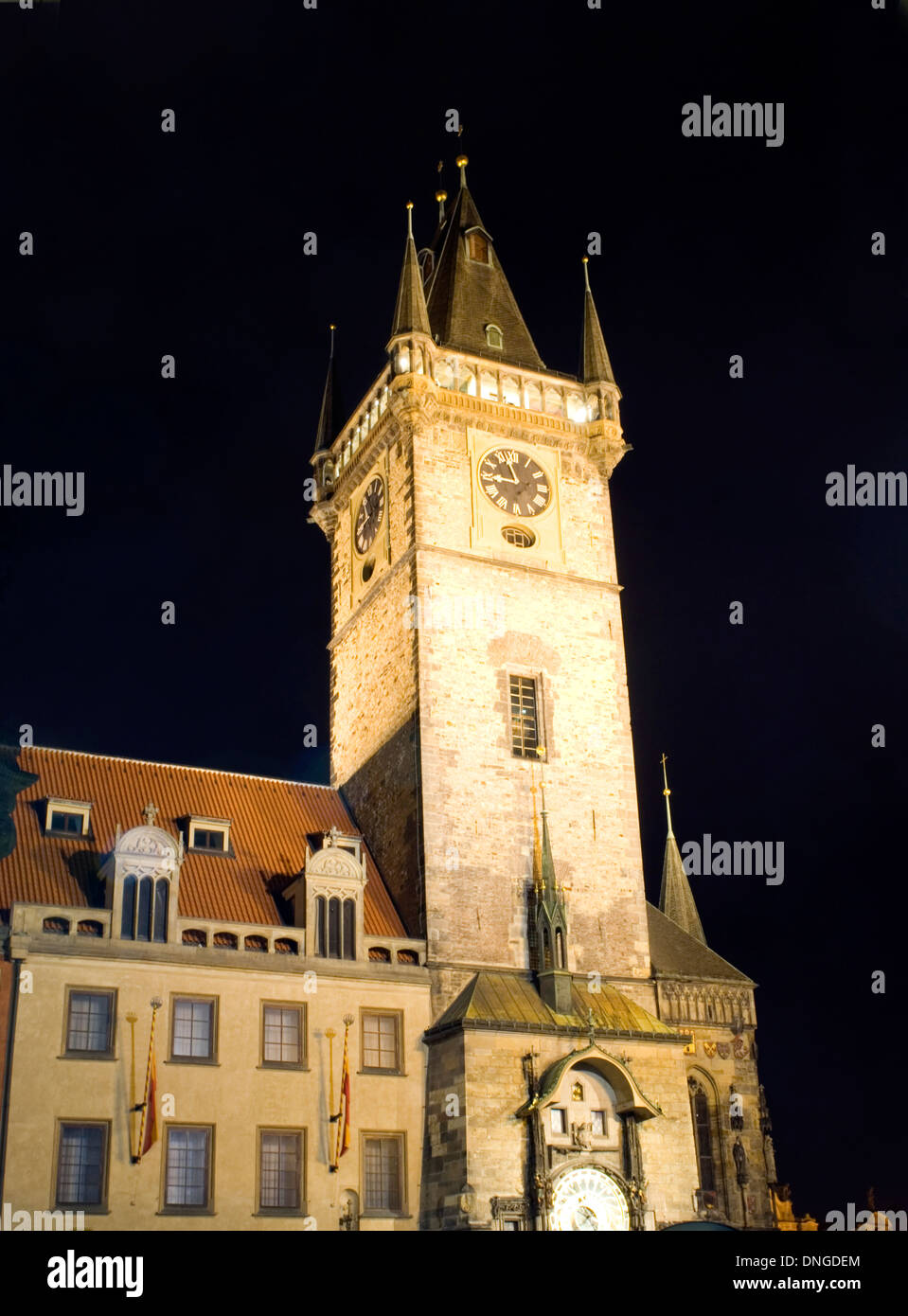 Old Town Hall Tower and Astronomical Clock at night Prague Czech Republic Stock Photo