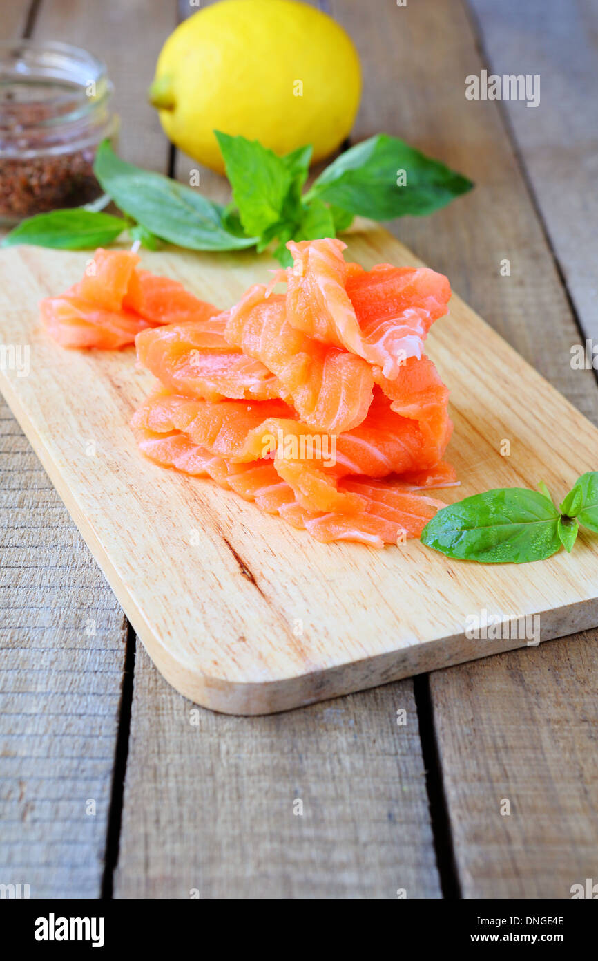 thin slices of salmon fillet, food closeup Stock Photo Alamy