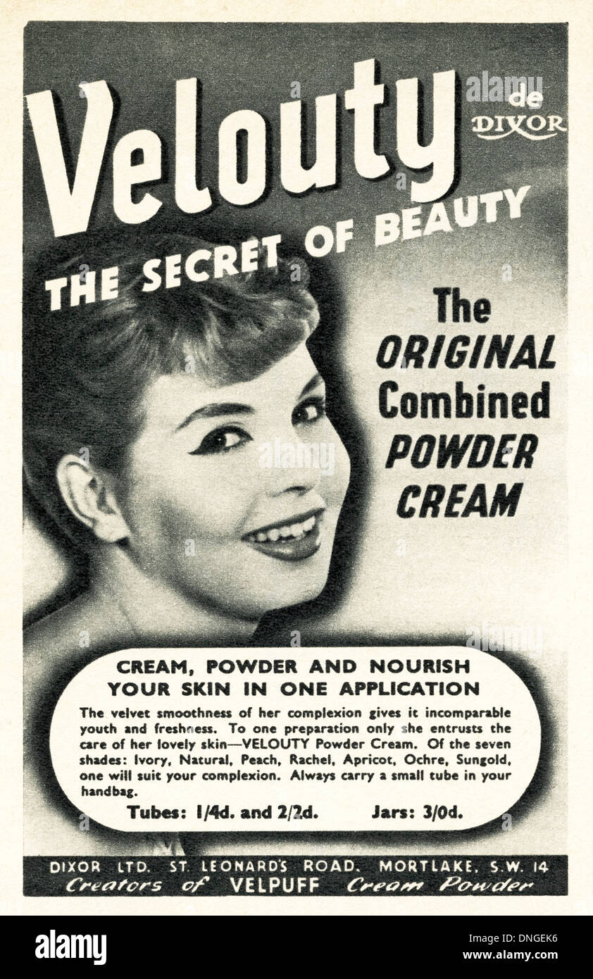 1950s magazine advert for VELOUTY beauty powder cream cosmetic makeup Stock Photo