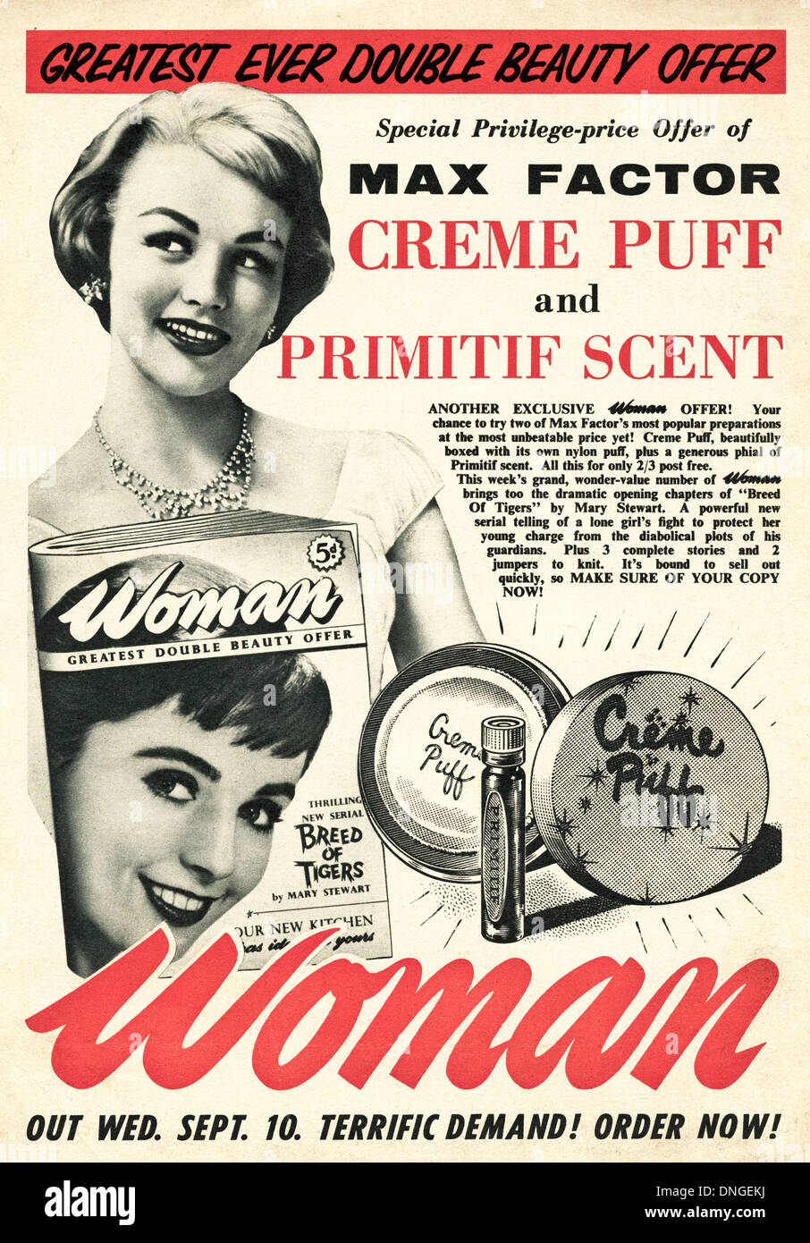 1950s magazine advert for WOMAN magazine with offer for MAX FACTOR cosmetics Stock Photo