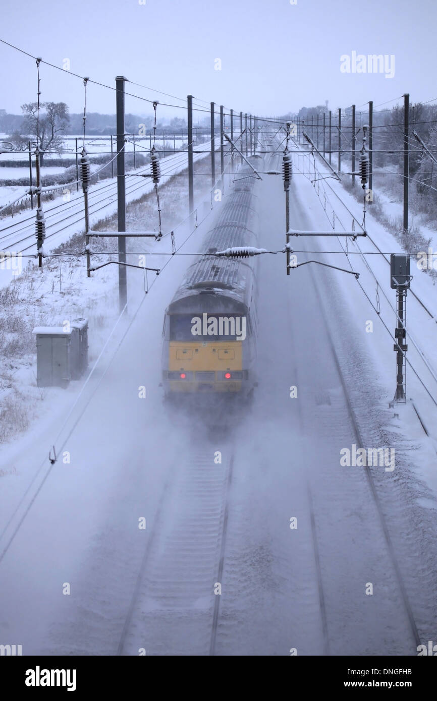 Winter Snow, East Coast Trains, 82206 DVT, High Speed Electric Train, East Coast Main Line Railway, Peterborough, Cambridgeshire Stock Photo