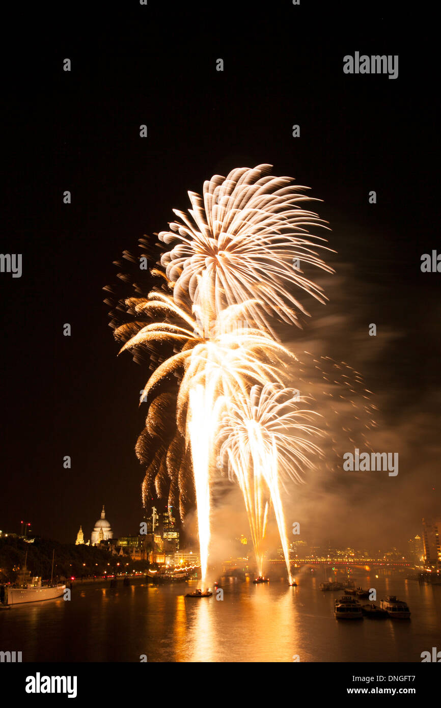 Firework display over River Thames, London Stock Photo