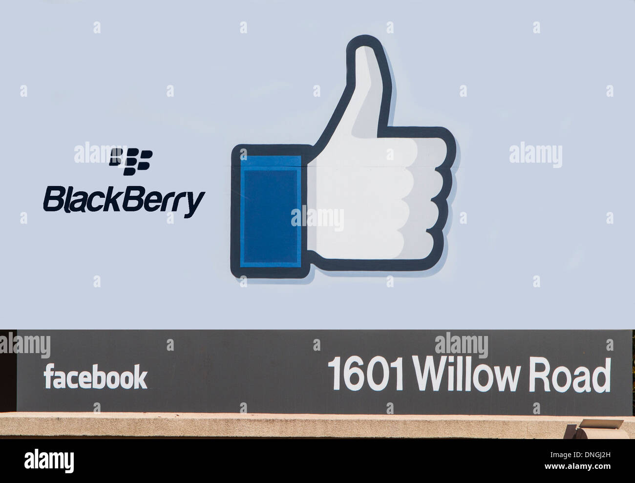 The Facebook sign with the Blackberry logo photoshopped  onto it, based on Facebook's interest in buying Blackberry Stock Photo