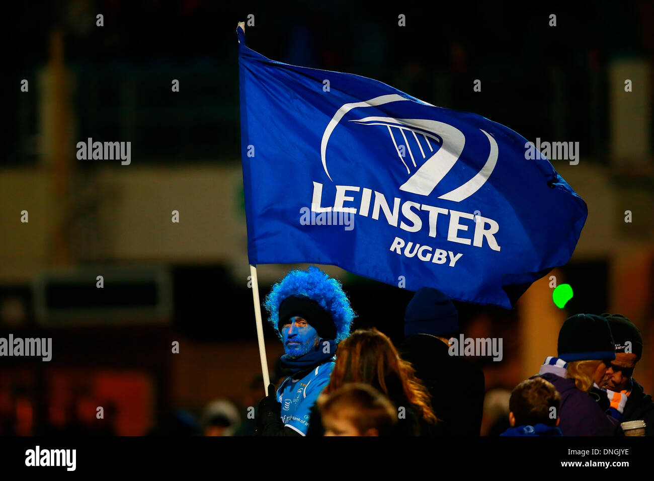 Dublin, Ireland. 28th Dec, 2013. A Leinster fan in team colours Stock