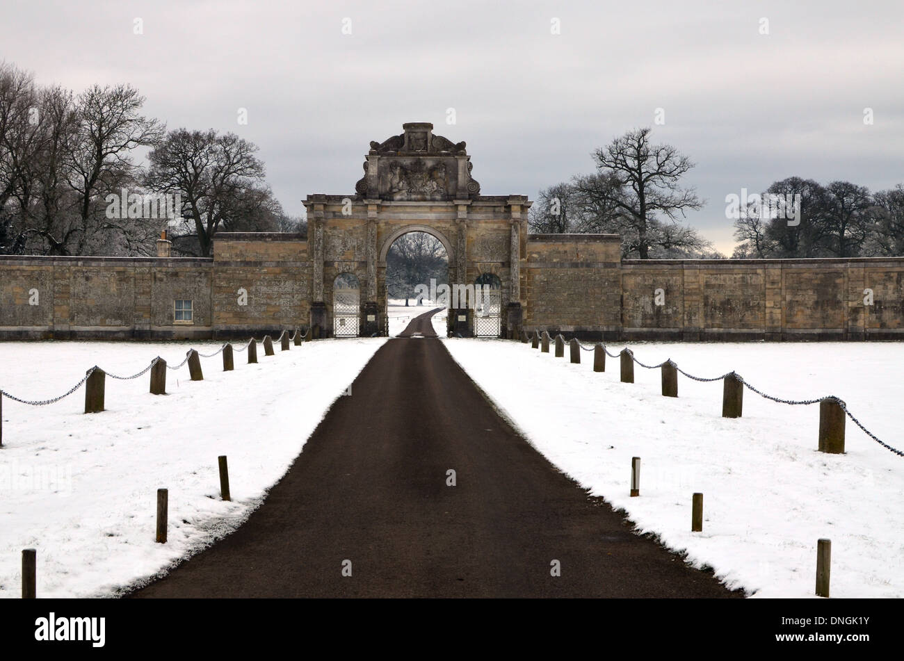 Entrance to Paris House, Woburn Park and the Duke of Bedford's Estate in the snow Stock Photo