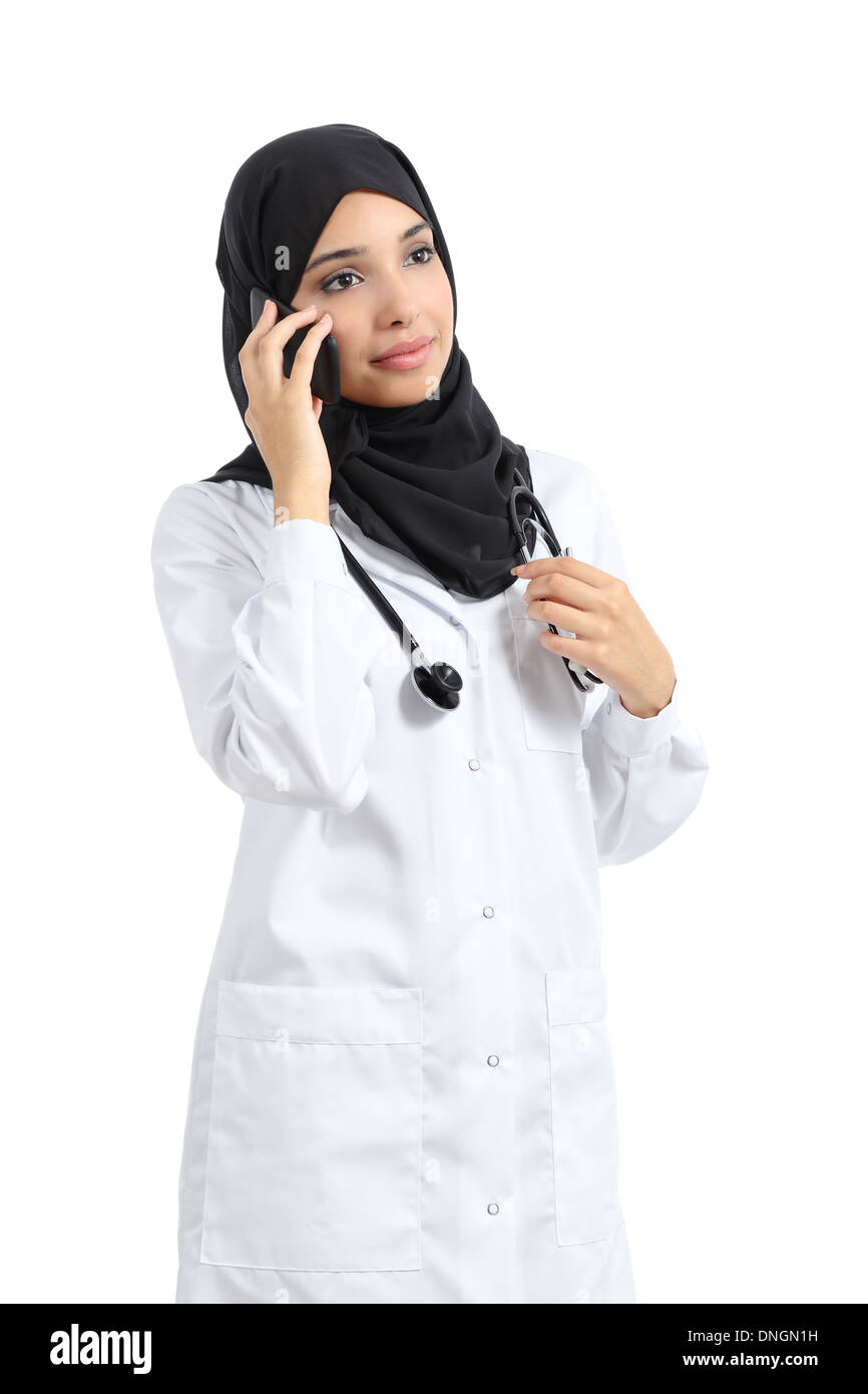 Arab doctor woman talking on the smart phone isolated on a white background Stock Photo