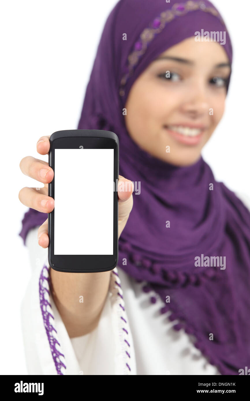 Arab woman displaying an app blank smart phone screen isolated on a ...