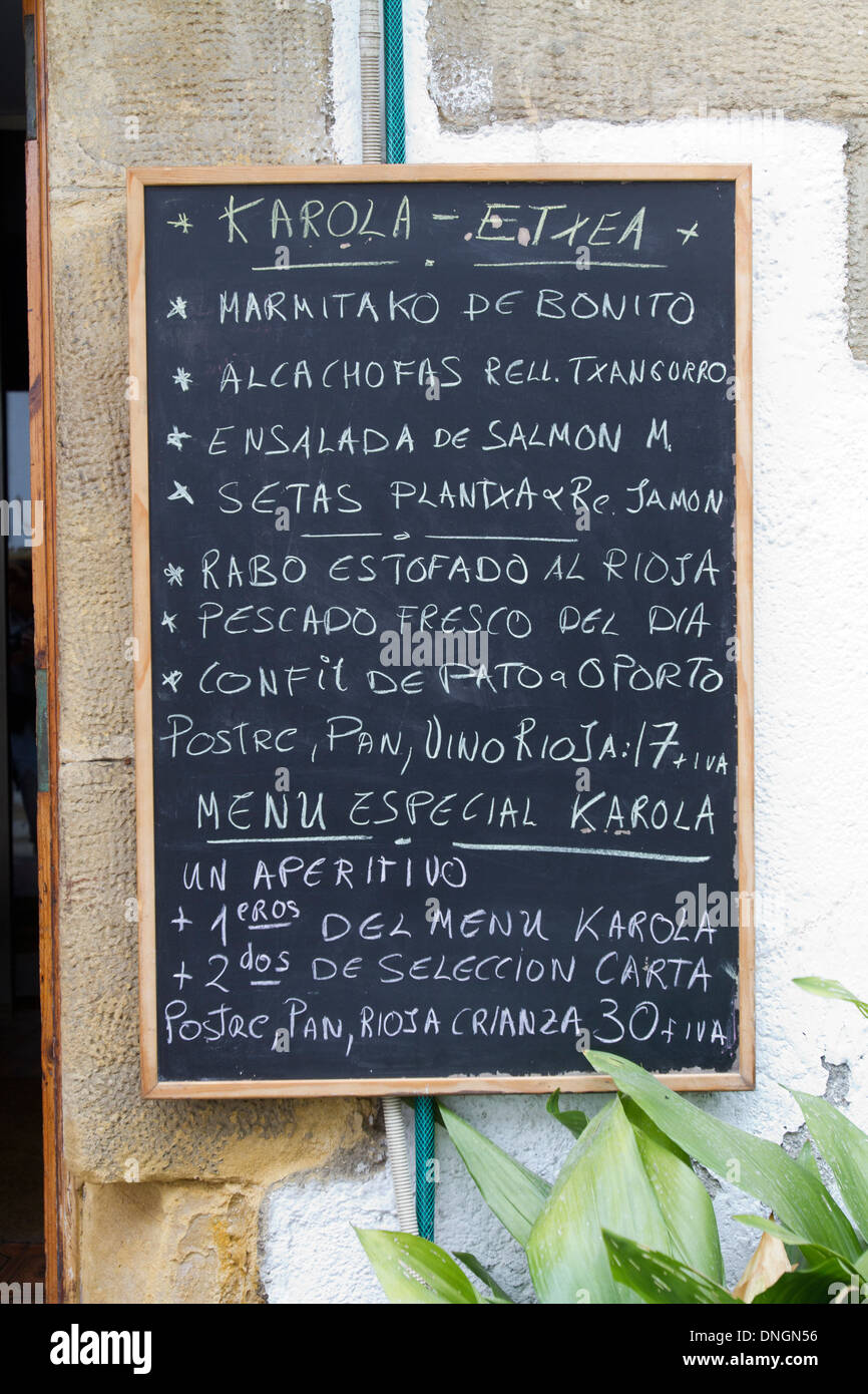 menu board otside restaurant in Getxo, Biscay province. Vizcaya, Basque Country. Spain. Cantabrian sea. Stock Photo