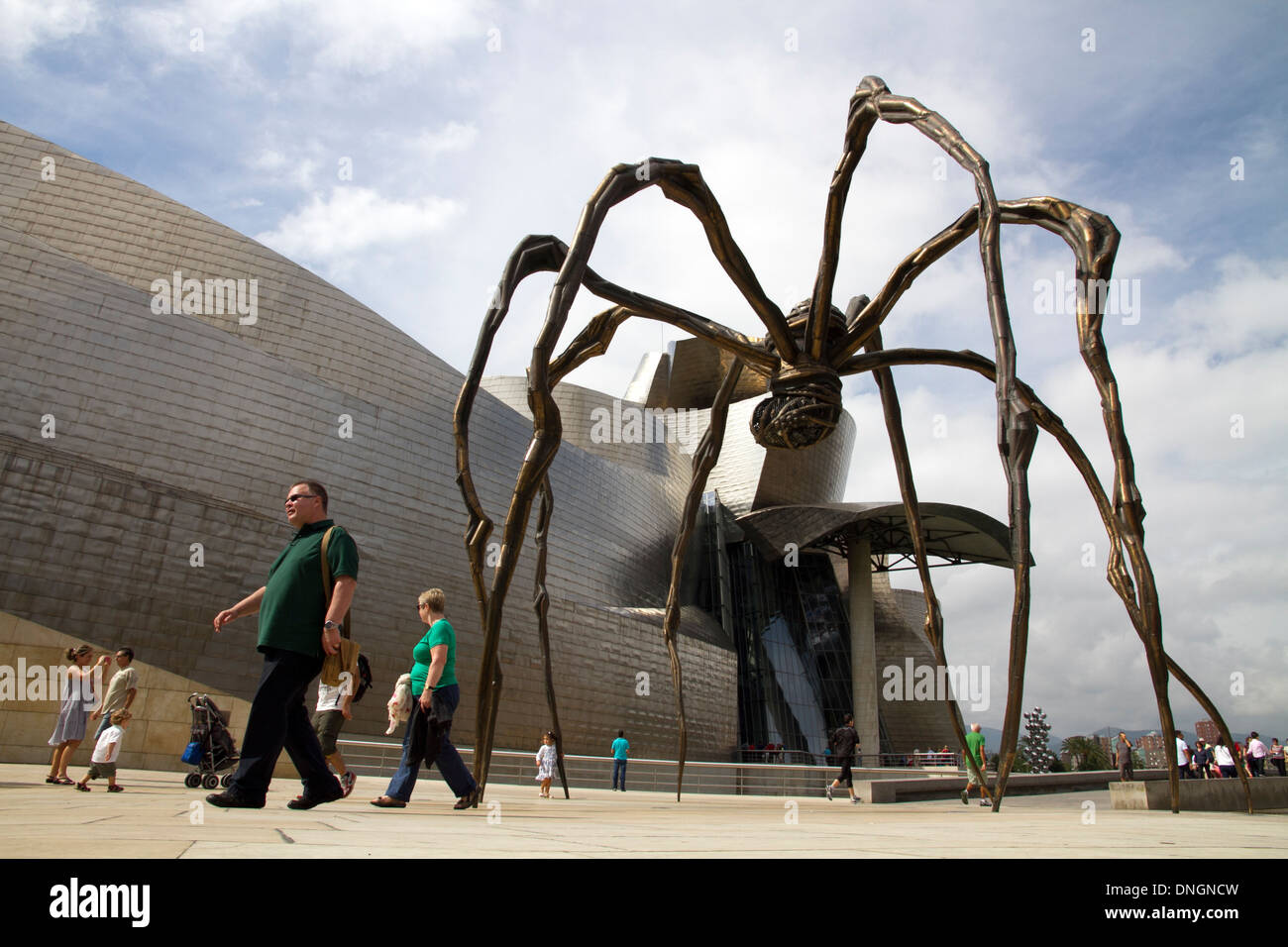 People visiting modern art Bilbao province of Biscay northern Spain. Spider art Guggenheim Museum. Stock Photo