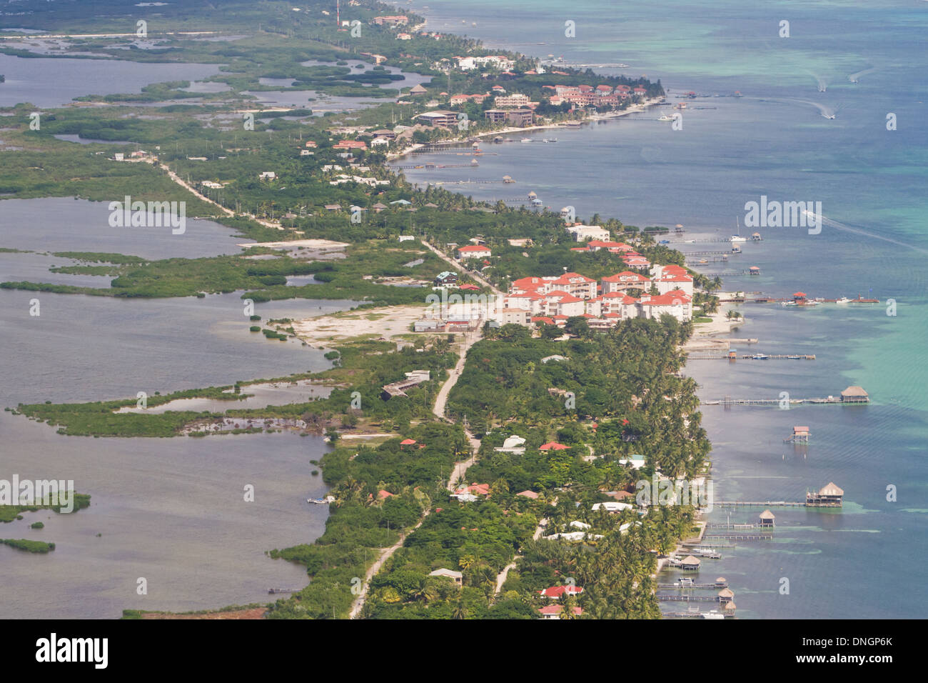 Aerial view of the town of San Pedro in Ambergris Caye, Belize Stock