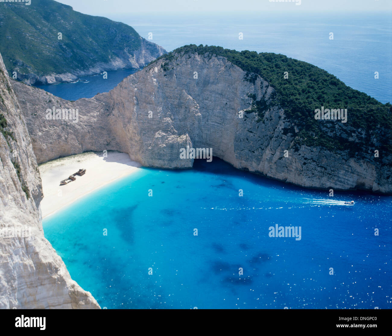 Aerial view of Navagio Beach and Shipwreck of the Panagiotis at 'Smugglers Cove' on the coast of Zakynthos in the Ionian Islands Stock Photo
