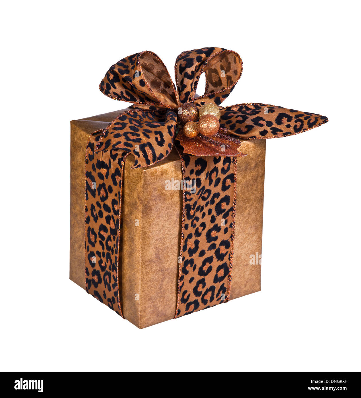 Festive present wrapped in faux leather gift paper with animal print ribbon isolated over white Stock Photo