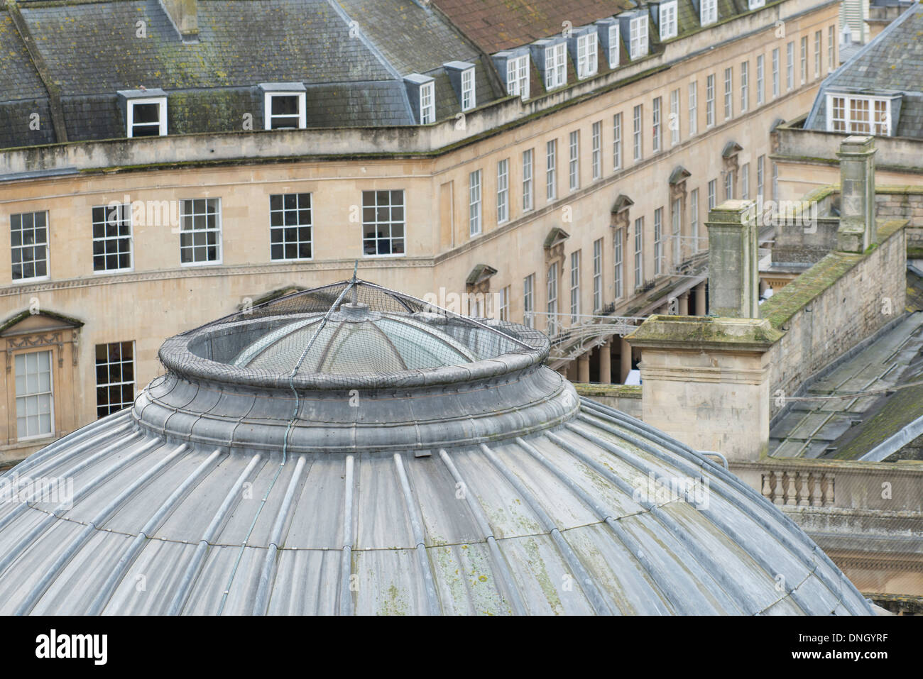 View across Bath Roman Baths domed roof and roof tops beyond Stock ...