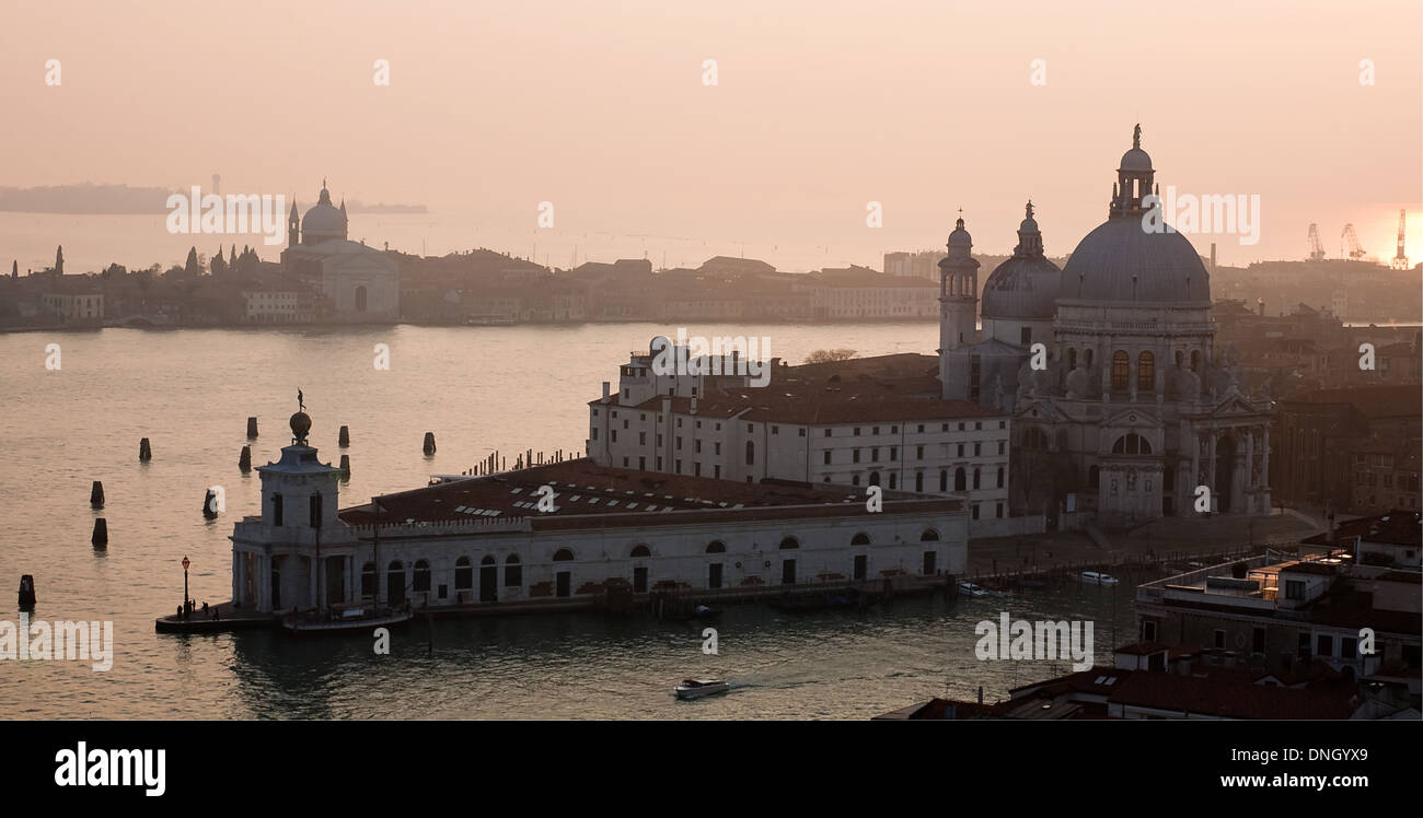 Venetian lagoon and Salute church top view on sunset sky background Stock Photo