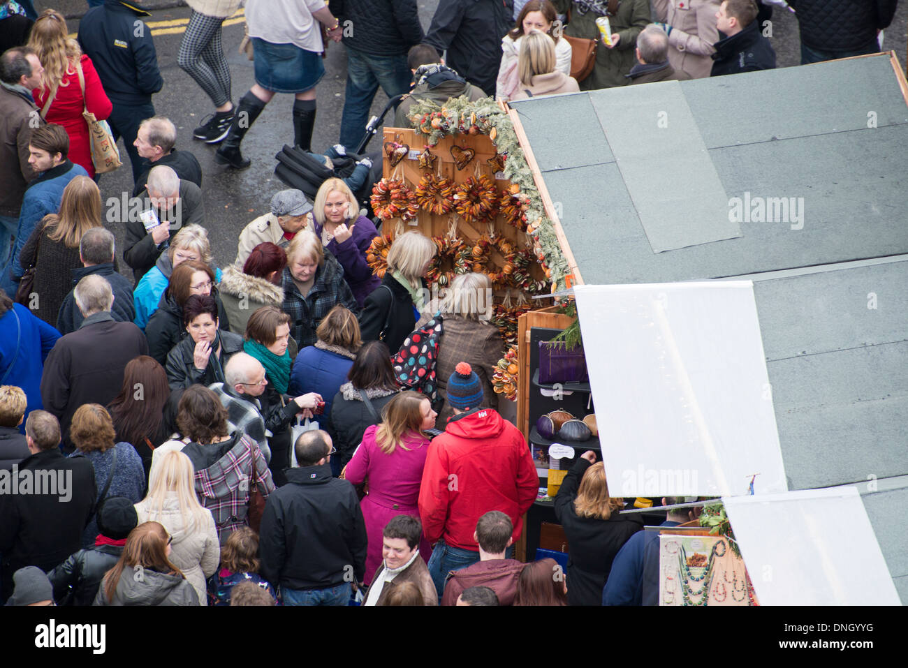 Aerial view Bath Christmas market shoppers December 2013 Stock Photo