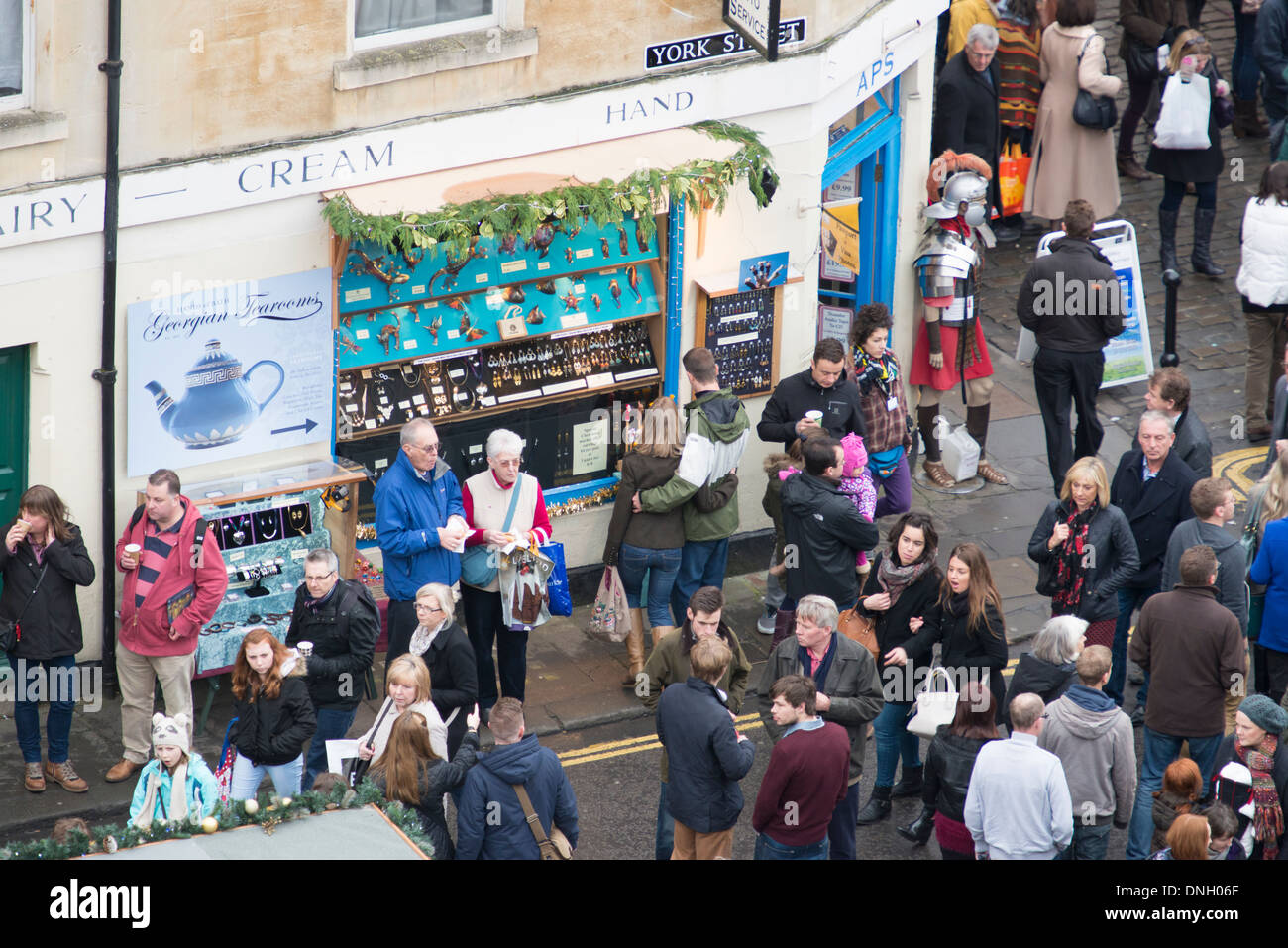 Aerial view from Bath Abbey over Christmas market shoppers December 2013 Stock Photo