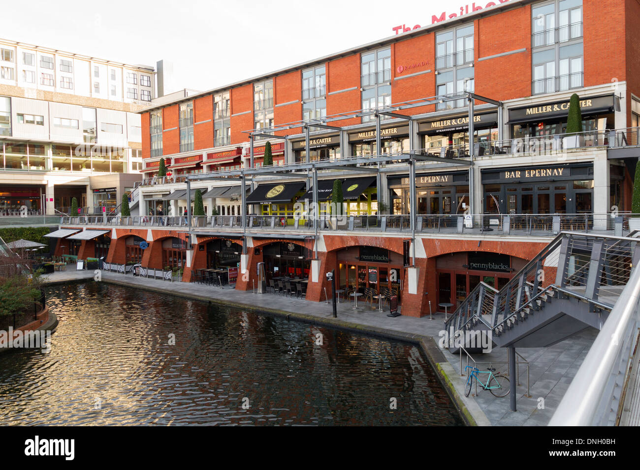 Restaurant, bars and cafes  that form part of the canalside area of the Mailbox shopping centre in Birmingham UK Stock Photo