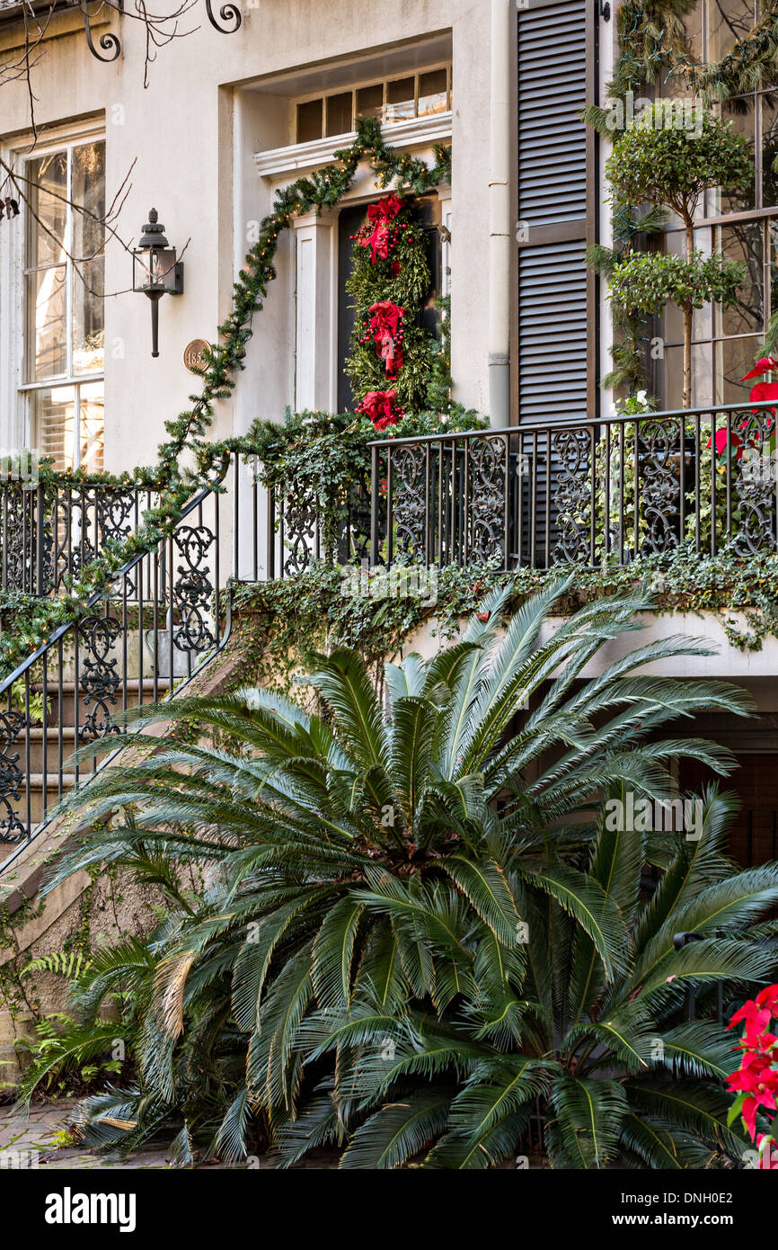 Christmas decorations on a historic home in Savannah, GA Stock Photo