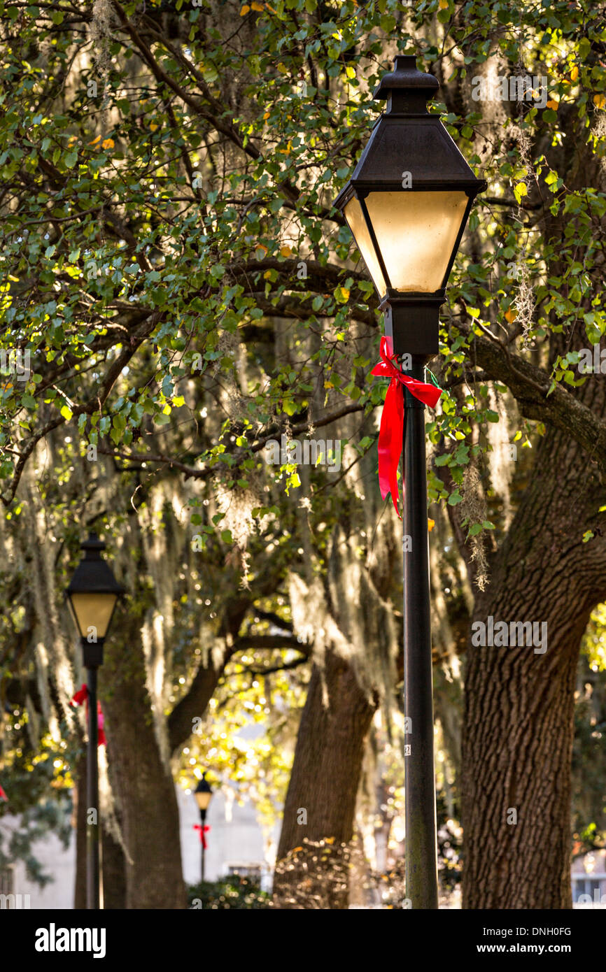 Christmas decorations on gas lamps in Forsyth Park Savannah, GA Stock