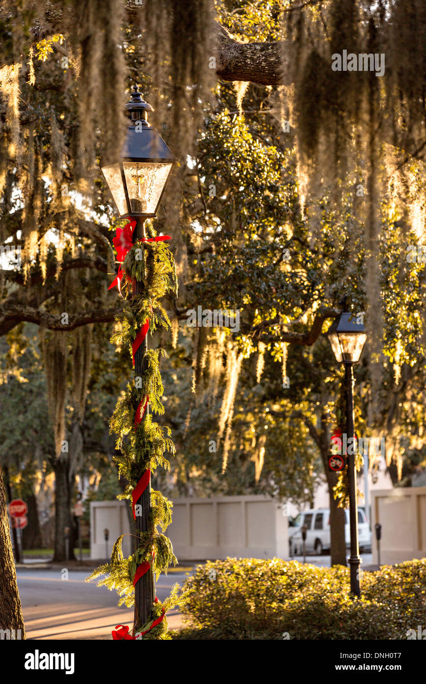 Christmas decorations on gas lamps in Orleans Square Savannah, GA Stock