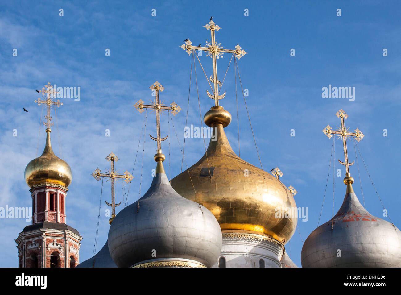 DOMES OF OUR LADY OF SMOLENSK WITH THE BELL TOWER IN THE BACKGROUND, NOVODIEVITCHI CONVENT, BOGORODITSE-SMOLENSKY MONASTERY, ORTHODOX RELIGION, MOSCOW, RUSSIA Stock Photo