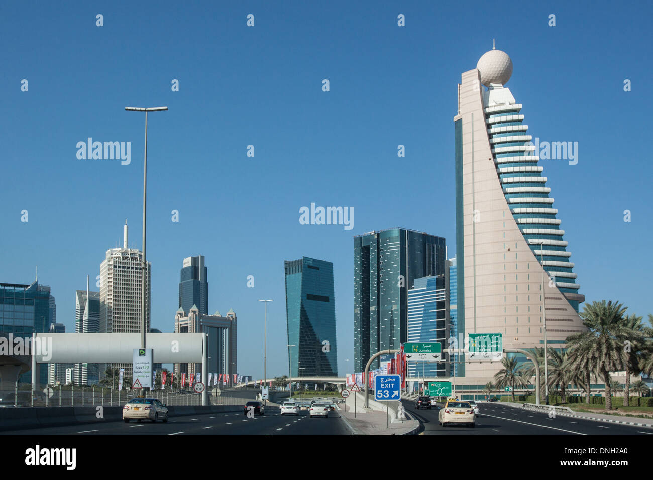 MOTORWAY WITH, ON EITHER THE SIDE, THE TELEPHONE AND TELECOMMUNICATIONS COMPANY ETISALAT AND THE WORLD TRADE CENTER OF DUBAI, SHEIKH ZAYED ROAD, DUBAI, UNITED ARAB EMIRATES, MIDDLE EAST Stock Photo