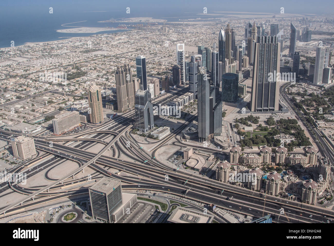 SHOT OF THE FINANCIAL CENTER AND SHEIKH ZAYED ROAD FROM THE OBSERVATORY IN THE BURJ KHALIFA TOWER, ONCE CALLED BURJ DUBAI, VIEW FROM THE THE HIGHEST TOWER IN THE WORLD (828 METRES), DOWNTOWN DUBAI, DUBAI, UNITED ARAB EMIRATES, MIDDLE EAST Stock Photo
