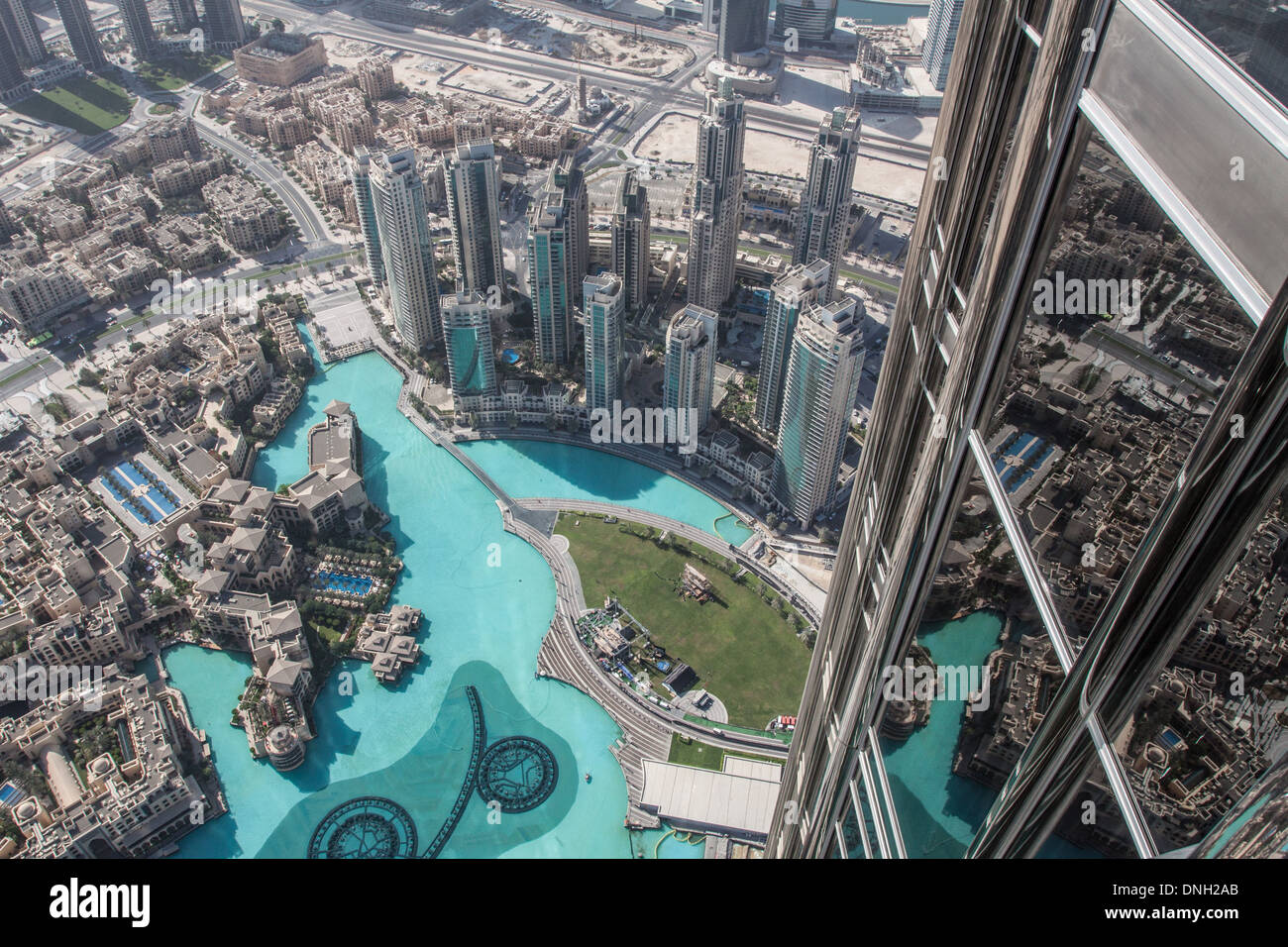 BIRD'S EYE VIEW OF DOWNTOWN DUBAI FROM THE OBSERVATORY IN THE BURJ KHALIFA TOWER, ONCE CALLED BURJ DUBAI, VIEW FROM THE THE HIGHEST TOWER IN THE WORLD (828 METRES), DUBAI, UNITED ARAB EMIRATES, MIDDLE EAST Stock Photo