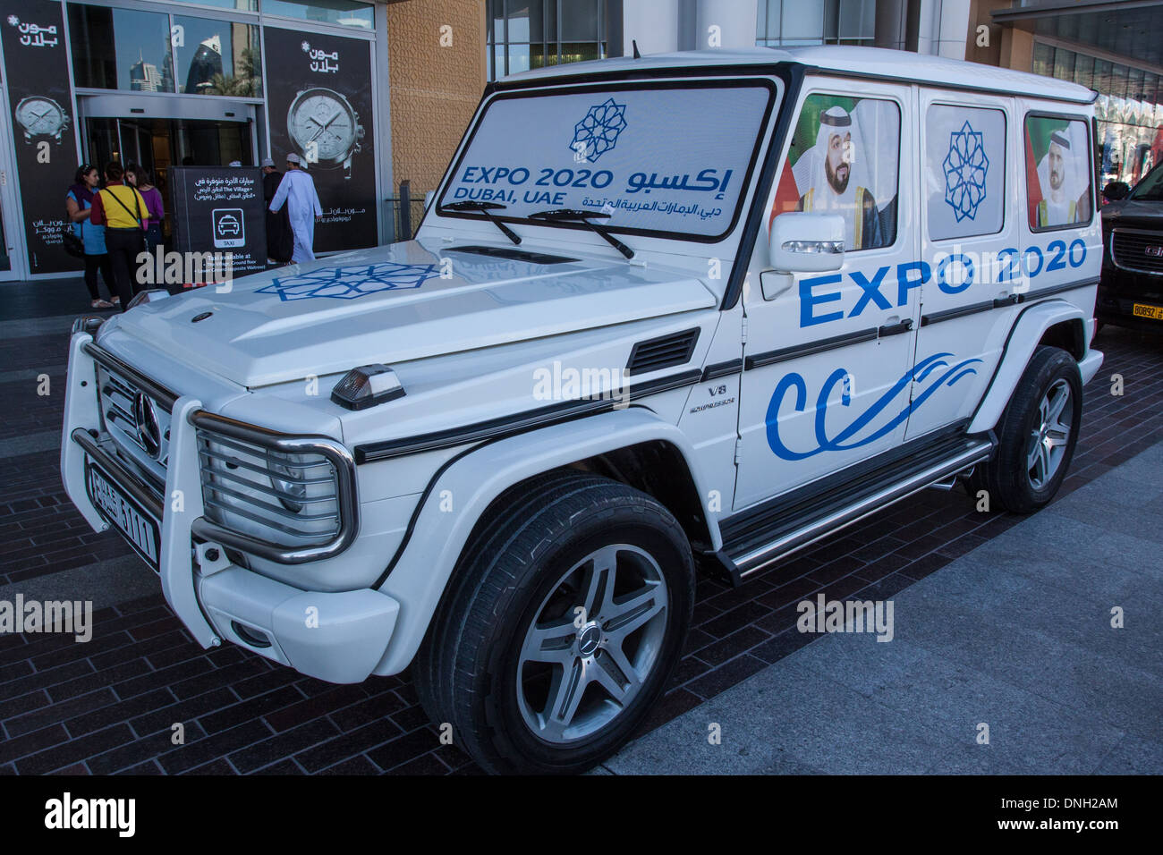 MERCEDES 4X4 IN THE COLORS OF THE 2020 WORLD EXPO WITH SHEIKH KHALIFA, PRESIDENT OF THE UNITED ARAB EMIRATES, IN FRONT AND SHEIKH MOHAMMED, PRIME MINISTER AND RULER OF DUBAI IN THE BACK, DUBAI MALL, DOWNTOWN DUBAI, DUBAI, UNITED ARAB EMIRATES, MIDDLE EAST Stock Photo