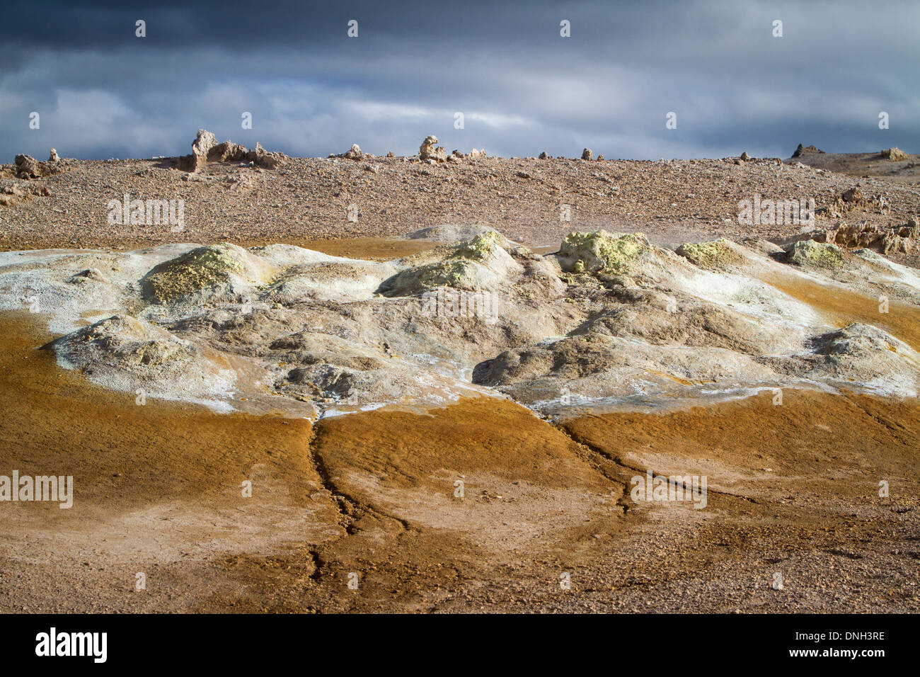 GEOTHERMAL ZONE OF NAMAFJALL, VOLCANIC BULGE NEAR LAKE MYVATN, IN THE VOLCANIC SYSTEM OF KRAFLA, A VAST AND SANDY ZONE COLOURED BY SULFUR AND DEPOSITS OF DIVERSE COLOURS, NORTHERN ICELAND, EUROPE Stock Photo