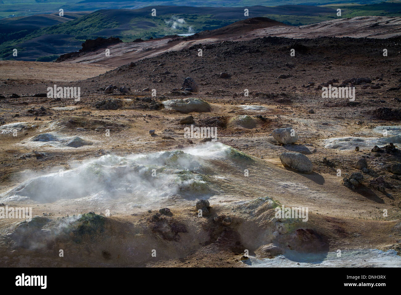 GEOTHERMAL ZONE OF NAMAFJALL, VOLCANIC BULGE NEAR LAKE MYVATN, IN THE VOLCANIC SYSTEM OF KRAFLA, A VAST AND SANDY ZONE COLOURED BY SULFUR AND DEPOSITS OF DIVERSE COLOURS, NORTHERN ICELAND, EUROPE Stock Photo