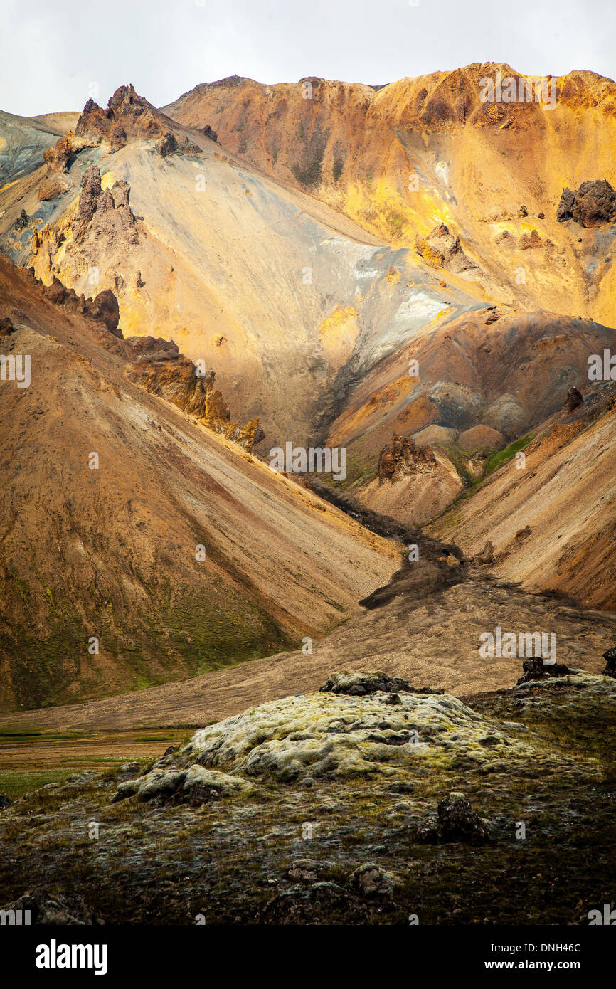 MOUNTAINS OF RHYOLITE IN LANDMANNALAUGAR, VOLCANIC AND GEOTHERMAL ZONE OF WHICH THE NAME LITERALLY MEANS 'HOT BATHS OF THE PEOPLE OF THE LAND', REGION OF THE HIGH PLATEAUS, SOUTHERN ICELAND, EUROPE Stock Photo