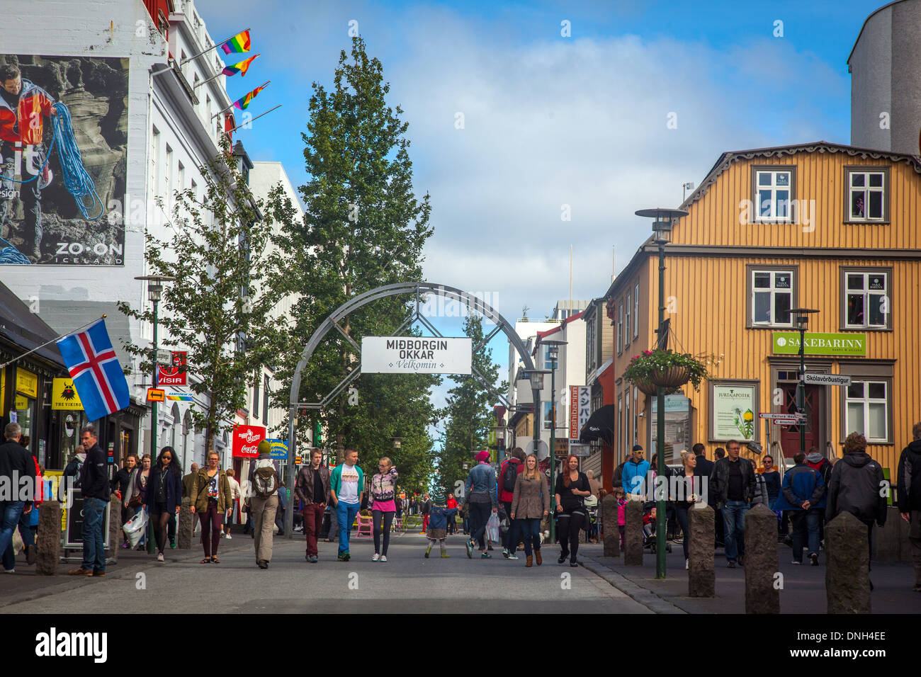 THE SHOPPING STREET LAUGAVEGUR, REYKJAVIK, CAPITAL OF ICELAND, SOUTHERN ICELAND, EUROPE Stock Photo
