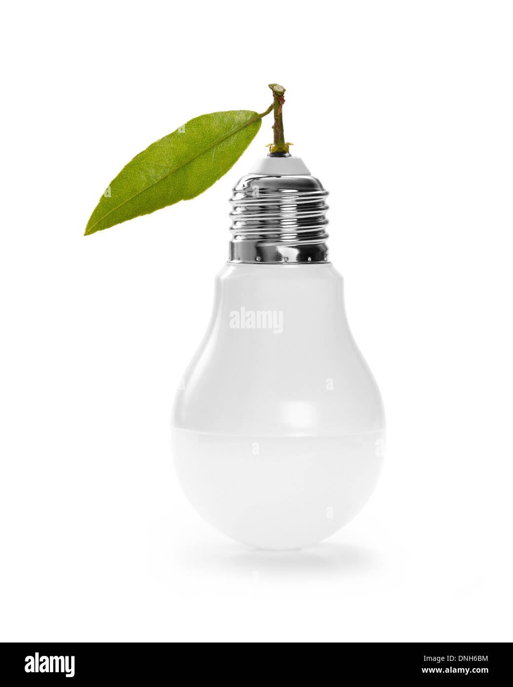 LED lamp with green leaf, ECO energy concept, close up Stock Photo
