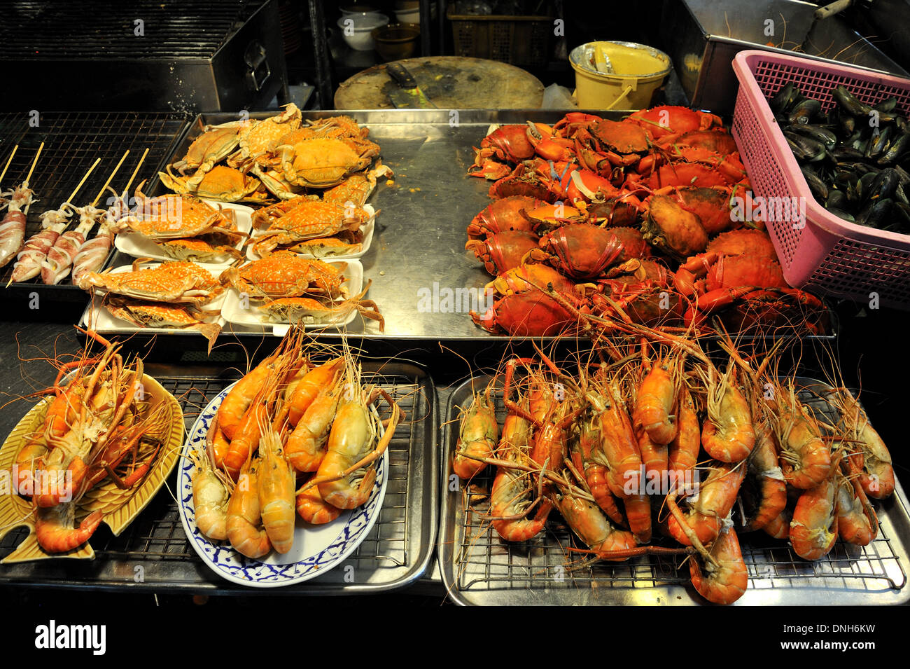 Tiger Prawn and seafood Barbecue at the night market in Hua Hin, Thailand Stock Photo