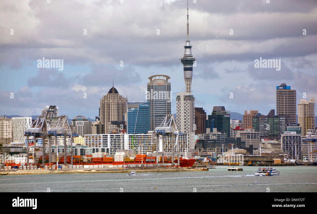 Auckland city, New Zealand with the docks in foreground and city skyline and sky tower Stock Photo