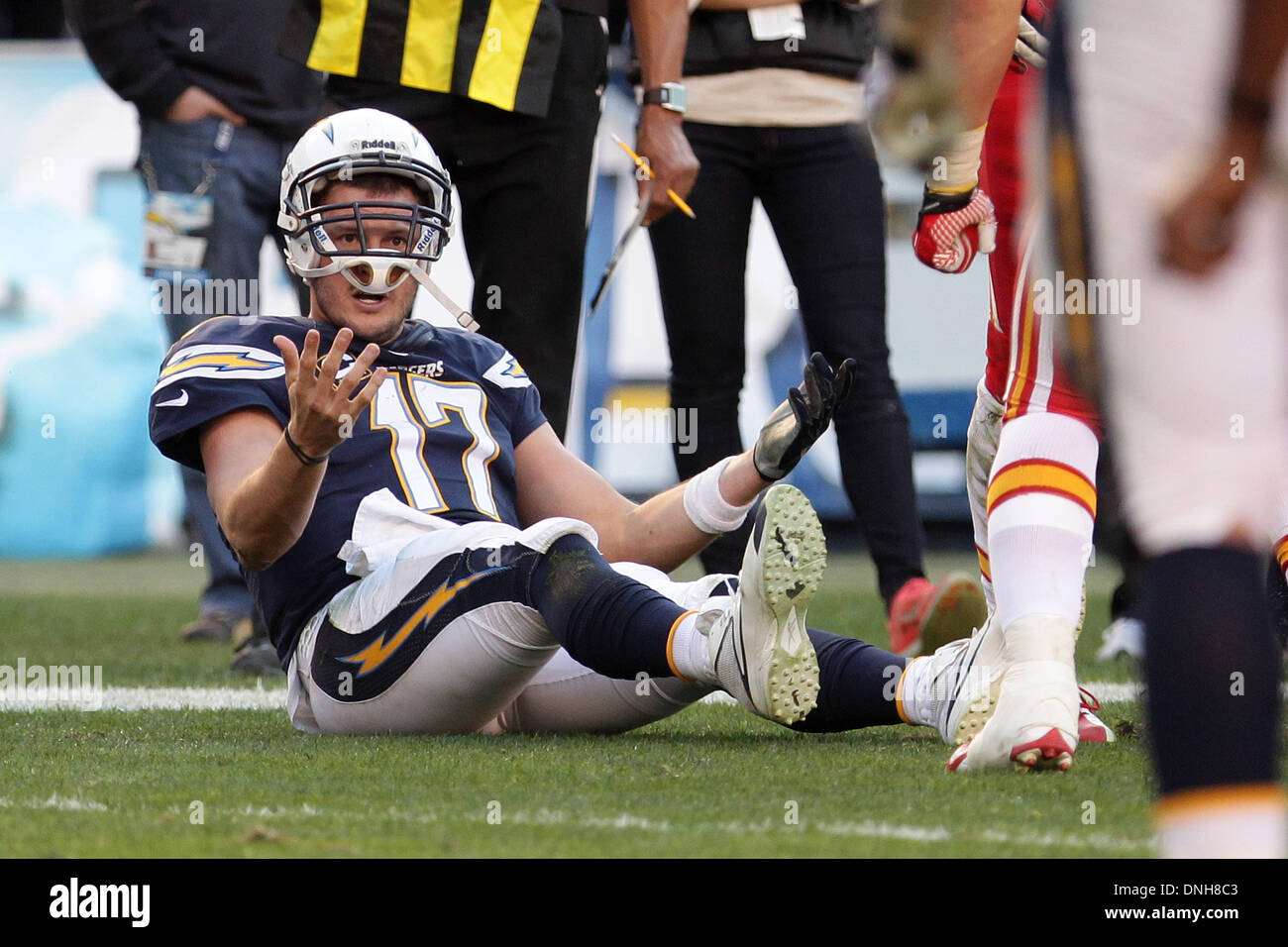 San Diego, California, USA. 29th Dec, 2013. 12/29/2013 San Diego | San Diego Chargers vs. Kansas City Chiefs at Qualcomm Stadium. Philip Rivers looking for a call after being roughed up in the fourth quarter. | Photo Sean M. Haffey UT San Diego. Credit:  U-T San Diego/ZUMAPRESS.com/Alamy Live News Stock Photo