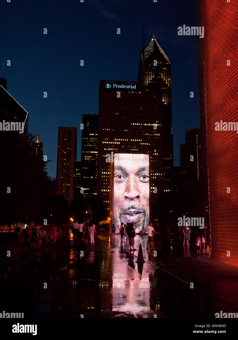 Crown Fountain, an interactive work of public art and video sculpture in Millennium Park, Chicago, as seen on a summer night. Stock Photo
